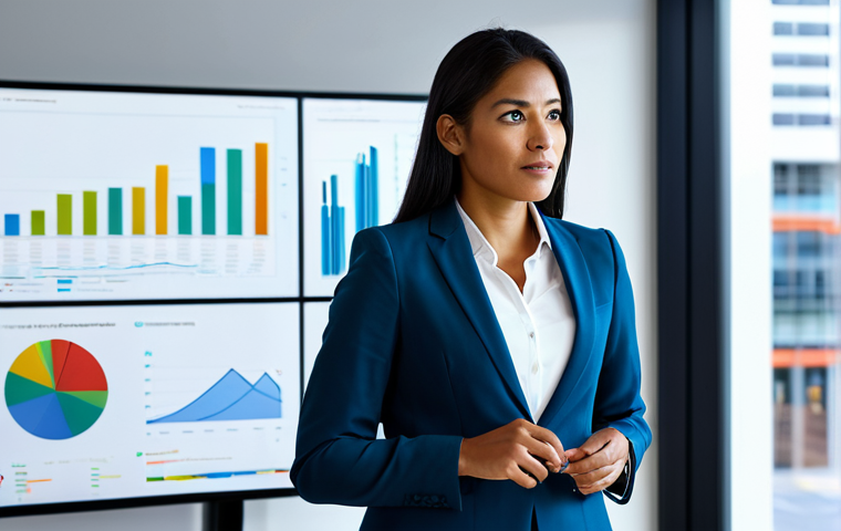 A confident, professional woman of diverse ethnicity, aged 30s, in a modern, modest business suit, is actively engaging with a holographic display showing complex data visualizations. She stands in a sleek, bright office environment filled with natural light, looking focused and proactive. The scene emphasizes innovation and future-forward thinking. The image should convey a sense of continuous learning and adaptability in a professional setting. fully clothed, appropriate attire, professional dress, safe for work, appropriate content, professional, modest, perfect anatomy, correct proportions, natural pose, well-formed hands, proper finger count, natural body proportions, high-quality professional photography.