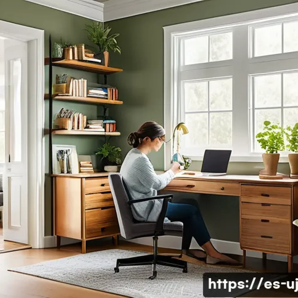 회복탄력성을 위한 효과적인 메모리 기법 - A serene, well-lit home office designed for optimal concentration and emotional well-being, featurin...