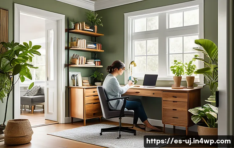 회복탄력성을 위한 효과적인 메모리 기법 - A serene, well-lit home office designed for optimal concentration and emotional well-being, featurin...