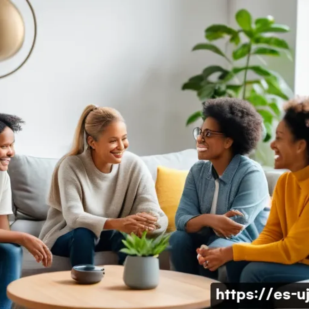 회복탄력성을 높이는 성공적인 사례 - A diverse group of adults sitting in a cozy living room, warmly interacting and sharing support duri...