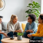 Home 22 회복탄력성을 높이는 성공적인 사례 - A diverse group of adults sitting in a cozy living room, warmly interacting and sharing support duri...