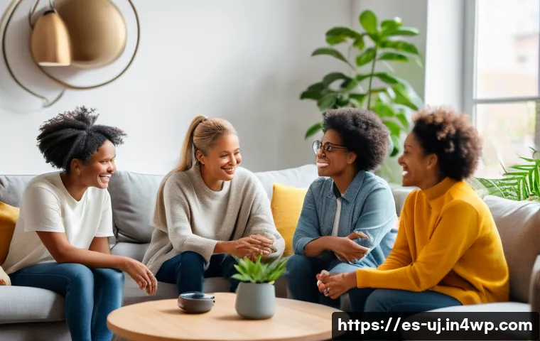 회복탄력성을 높이는 성공적인 사례 - A diverse group of adults sitting in a cozy living room, warmly interacting and sharing support duri...