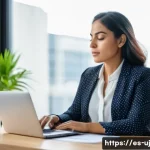 Home 21 회복탄력성 높은 경력 만들기 - A professional Hispanic woman in her early 30s, sitting calmly at a modern office desk with a laptop...
