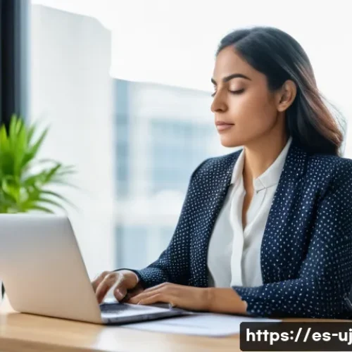 Home 33 회복탄력성 높은 경력 만들기 - A professional Hispanic woman in her early 30s, sitting calmly at a modern office desk with a laptop...