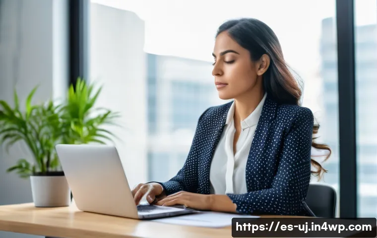 회복탄력성 높은 경력 만들기 - A professional Hispanic woman in her early 30s, sitting calmly at a modern office desk with a laptop...