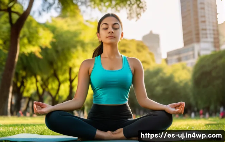 회복탄력성 강화를 위한 실천 팁 - A serene scene of a young Hispanic woman practicing mindfulness meditation outdoors in a vibrant urb...