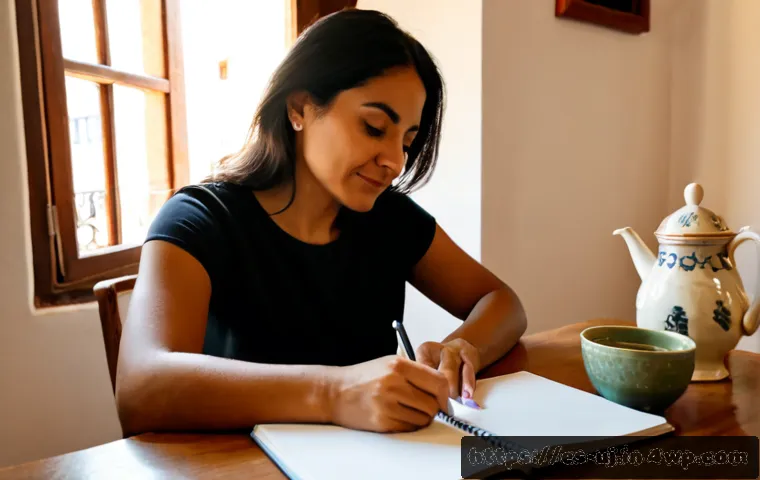 회복탄력성 구축을 위한 자아 인식 기술 - Photorealistic Spanish-speaking Latina woman in her 40s sitting calmly at a sunlit kitchen table in ...